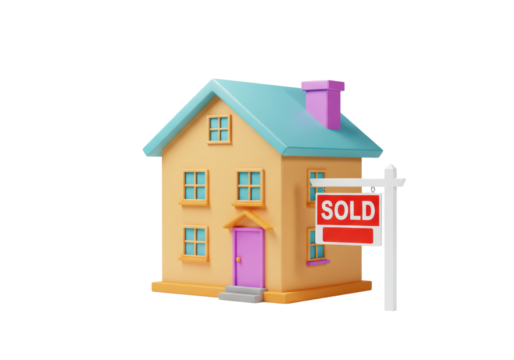Isolated house with sold sign and blue roof for real estate purchase illustration