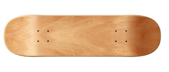 Wooden skateboard deck featuring uniform matte finish, brandless design and precise form, isolated on transparent background.
