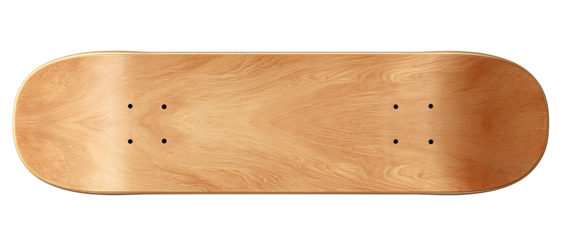 Wooden skateboard deck featuring uniform matte finish, brandless design and precise form, isolated on transparent background.
