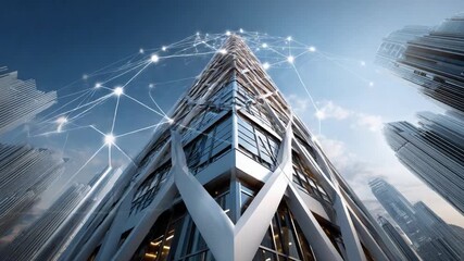 Skyward Network: A modern skyscraper pierces the cerulean sky, interwoven with a digital network, symbolizing connectivity and innovation in an urban landscape. - Powered by Adobe