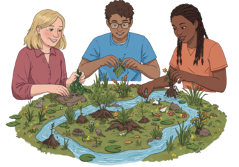 Isolated team volunteers assemble wetland habitat nature display, environmental project