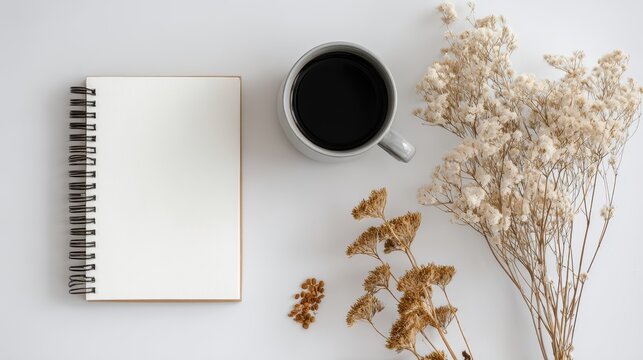 Blank Spiral Notebook Mockup with Coffee Mug and Seeds on White Desk. - Powered by Adobe