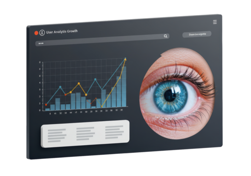 Isolated monitor screen with data analytics charts and eye of human, business innovation concept