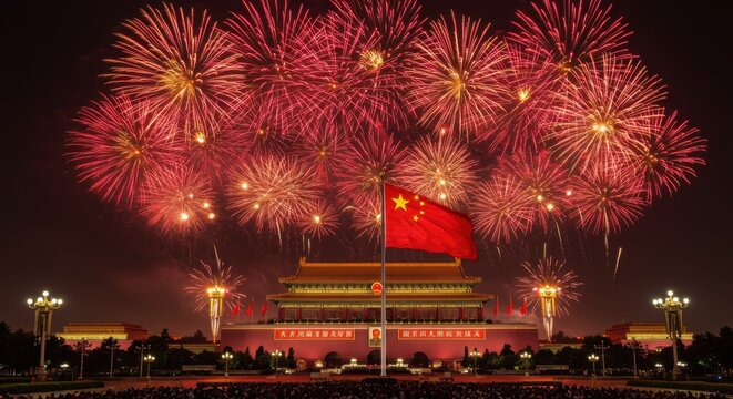 China National Day Fireworks with Flag
