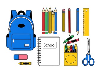 A vibrant flat design concept of essential student tools for education, featuring a collection of back to school supplies