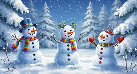 Obraz premium Cute Snowmen in Winter Wonderland with Rainbow Arc