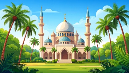 Mosque in Tropical Paradise Landscape Illustration