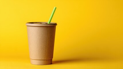 Brown Paper Cup with Green Straw on Yellow Background.