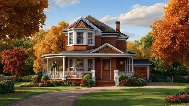 Autumnal Dream: A picturesque house, nestled amongst vibrant autumn foliage and lush green grass, exudes warmth and tranquility, creating a scene of perfect home.