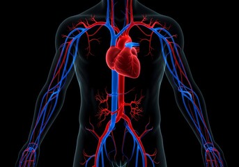 Human circulatory system featuring the heart, arteries, and veins in detail.