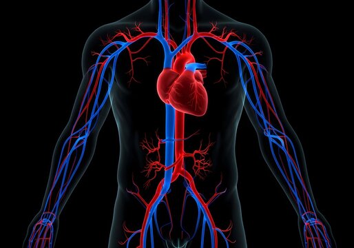 Human circulatory system featuring the heart, arteries, and veins in detail.