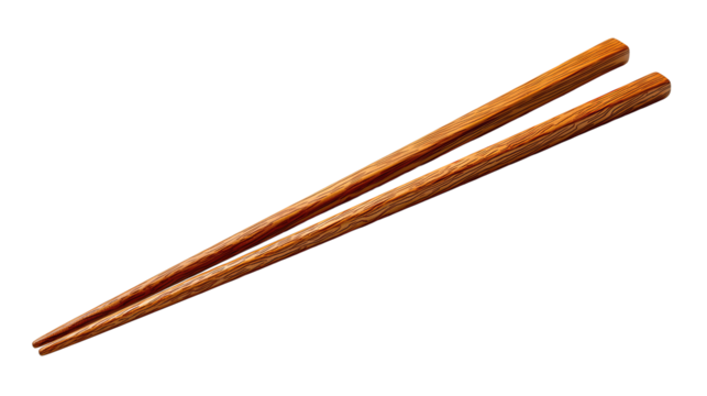Pair of straight wooden chopsticks with tapered tips, fine grain texture visible, arranged neatly in parallel, isolated on transparent background.
