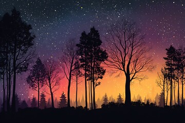 Silhouettes of trees under a vibrant night sky.