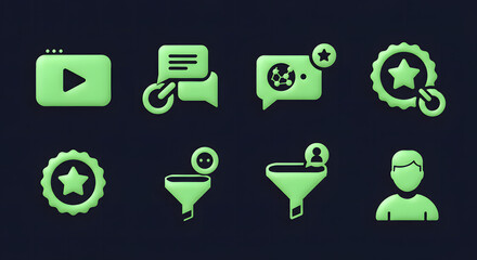 A collection of 3D neon green icons representing digital marketing concepts like social media engagement, sales funnels, and customer feedback