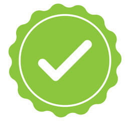Light green verification badge with check mark, round rosette approval seal for certification, designed for labels, profile icons, app ui and digital branding, PNG with transparent background