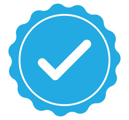 Light blue verified badge icon with check mark, scalloped award rosette for approval and certification, designed for social media profiles, branding, app ui and labels, PNG with transparent background