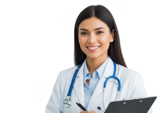 Smiling female doctor wearing a white coat and stethoscope, holding a clipboard and pen, isolated on transparent background