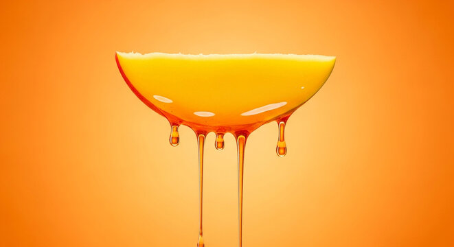 Close-up of fresh mango slice and whole mango with syrup drips, sharp focus, and vibrant orange tones
