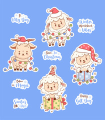 Cute Christmas Sheep and Goat stickers. New Year Farm cartoon Animal in Santa Hat with Festive Garland, Gift Box and Cool Slogans. Isolated Holiday Funny Characters. Vector illustration. Not AI