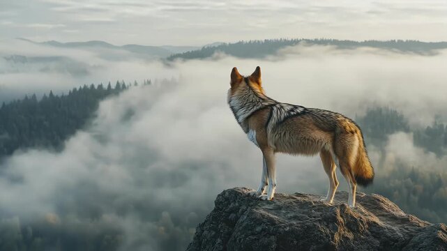 Solitary wolf on misty mountaintop majestic wildlife portrait