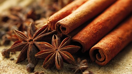 Close-up of cinnamon sticks and star anise spices.