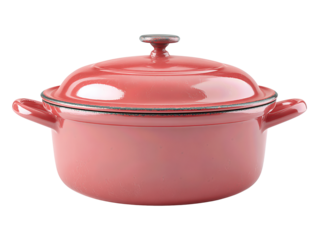 Round enamel Dutch oven with domed lid and loop handles, satin finish and clean base ring, isolated on transparent background.
