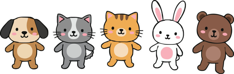 Cute Cartoon Animals Walking Together Line in Flat Vector Art