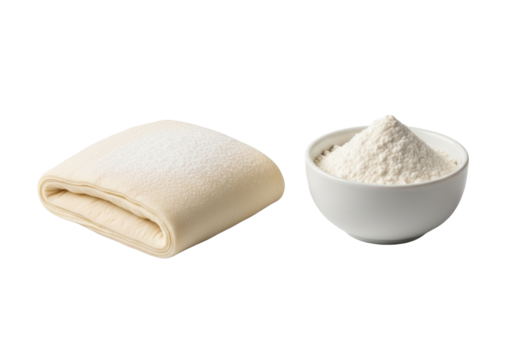 Pristine raw puff pastry dough, subtly dusted and neatly folded, with a white ceramic bowl holding fluffy flour, isolated on a transparent high-key background, 45-degree view, culinary readiness and