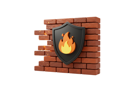Isolated illustration of a shield with flame emblem on brick wall for fire safety or resistance - Powered by Adobe