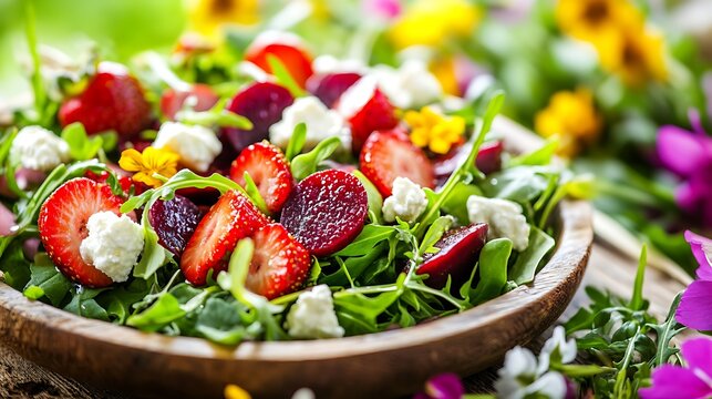 Close-up summer salad with sliced strawberries beetroot arugula crumbled cheese for healthy eating promotion restaurant menu culinary blog and seasonal food photography in rustic wooden bowl concept