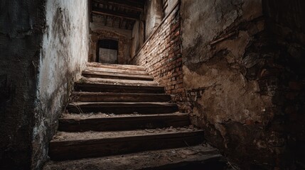 Dark Creepy Old Stairs in Abandoned Building.
