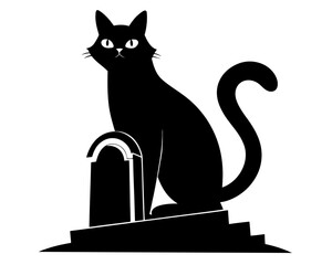 A black cat sitting on a tombstone simple   silhouette vector