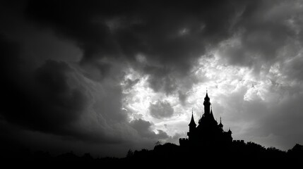 Dark Gothic Castle Silhouette Under Stormy Sky.