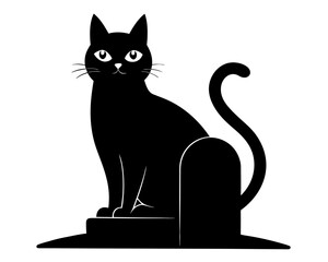 A black cat sitting on a tombstone simple   silhouette vector