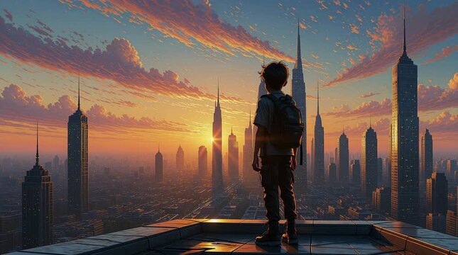 Boy with backpack gazing at vibrant sunrise over futuristic city skyline, dreams of the future