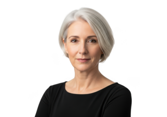 Portrait of a mature elegant woman with short grey bob hairstyle, wearing a black top, isolated on transparent background