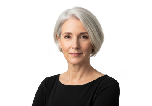 Portrait of a mature elegant woman with short grey bob hairstyle, wearing a black top, isolated on transparent background