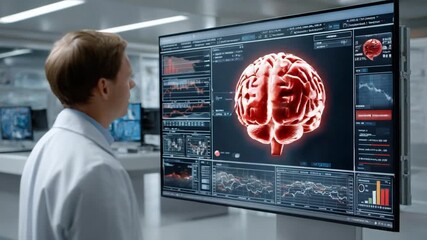 Brain Scan Analysis: A focused scientist in a clean, high-tech laboratory intently studies a detailed brain scan displayed on a large monitor.