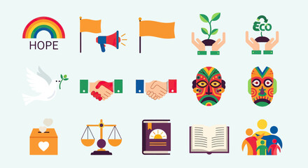 Collection of Colorful Flat Vector Icons Representing Hope, Peace, and Community