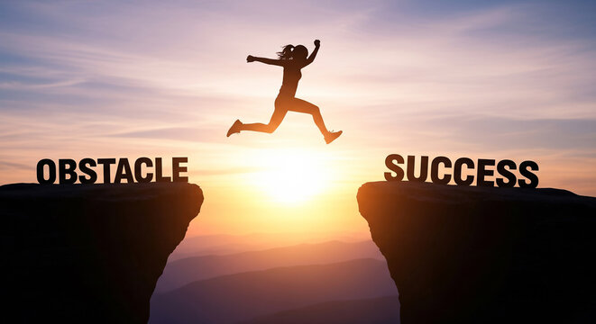 Silhouette of determined woman jumping over the word 'Obstacle' towards 'Success' during sunset, symbolizing achievement and overcoming challenges - Powered by Adobe