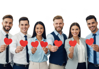 A diverse group of five men and two women smiling and holding red heart shapes, isolated on transparent background