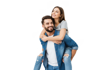 Happy young couple enjoying a piggyback ride together, isolated on transparent background