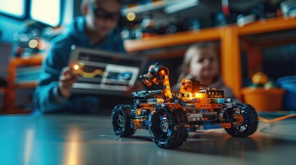 Children Building and Programming Robot Car featuring Robotics, Robot, Car, Vehicle Technology Engineering Education Learning Kids Children Tablet Programming Coding