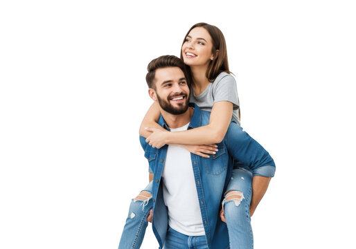 Happy young couple enjoying a piggyback ride together, isolated on transparent background