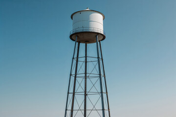 Tall white water tower with metal supports against a clear blue sky industrial