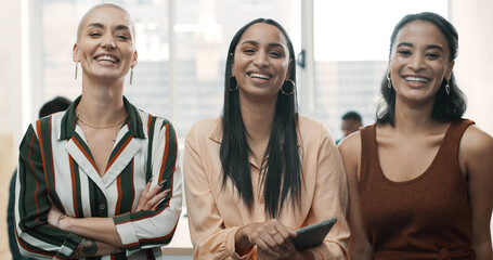 About us, smile and portrait of business women with tablet for team, diversity and collaboration. Partnership, digital report and professional with group of people in creative agency for support