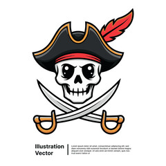 Whimsical cartoon pirate skull with crossed cutlasses, embodying adventurous spirit and fantasy design