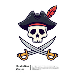 Cartoon pirate skull and crossbones with crossed swords and feathered hat illustration