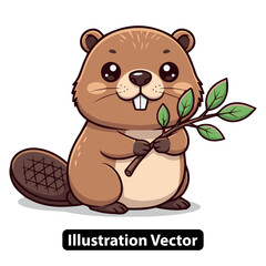 Cute cartoon beaver holding a leafy branch, smiling, ideal for nature-themed designs