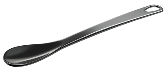 Metal shoe horn with long smooth spoon shape, gentle curve and hanging hole, satin finish, isolated on transparent background.
